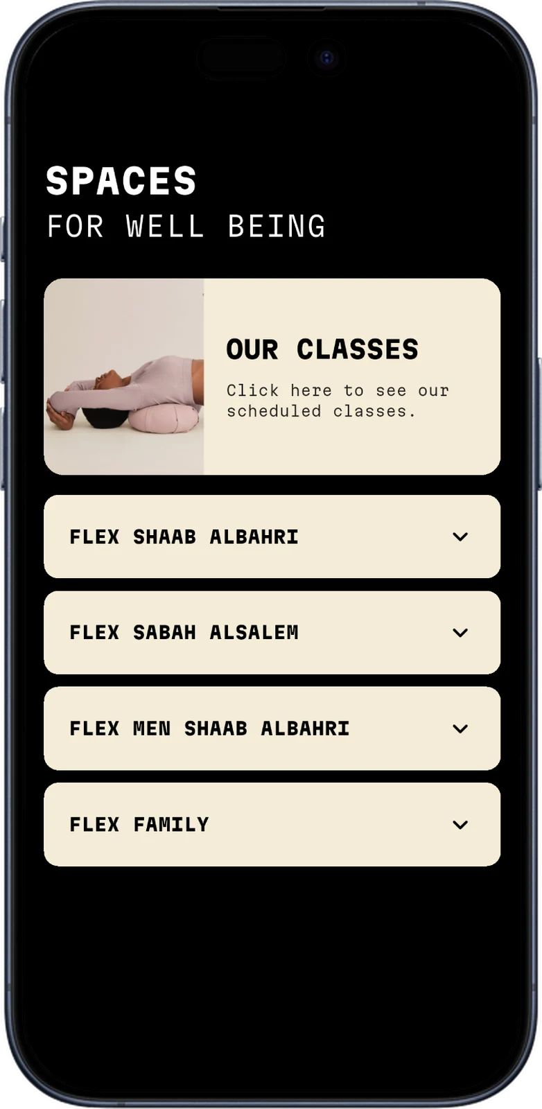 The FLEX app showing class schedules for each club